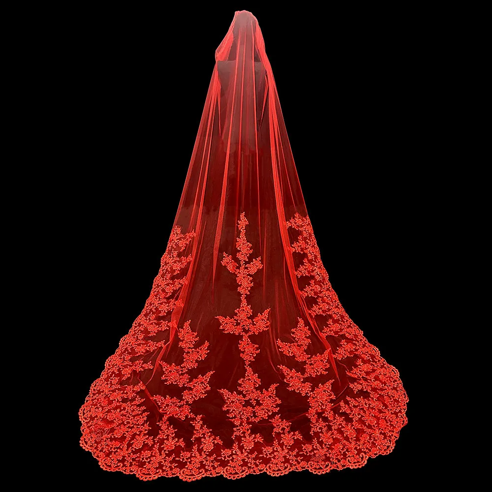 Fancy Red Wedding Veil with Comb 1.5*3m Long Bridal Veil High Quality Applique Real Pictures L&P DQL Studio
