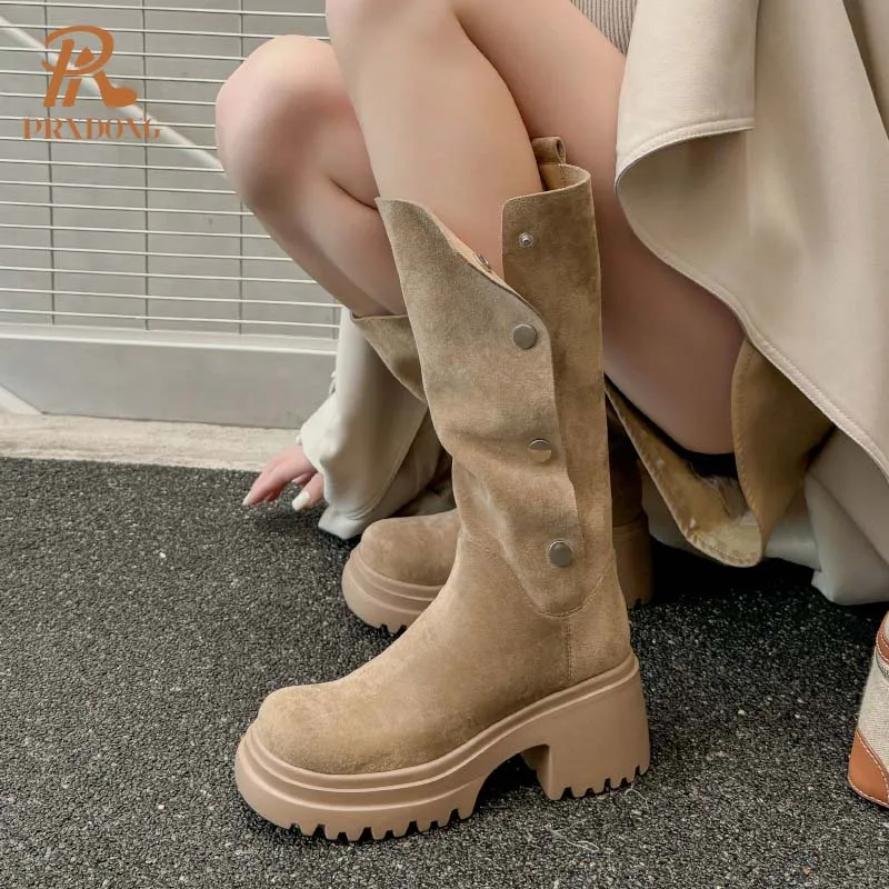 PRXDONG New Brand Autumn Winter Warm Knee High Boots Chunky High Heels Platform Black Khaki Dress Casual Lady Shoes Rozmiar 34-39