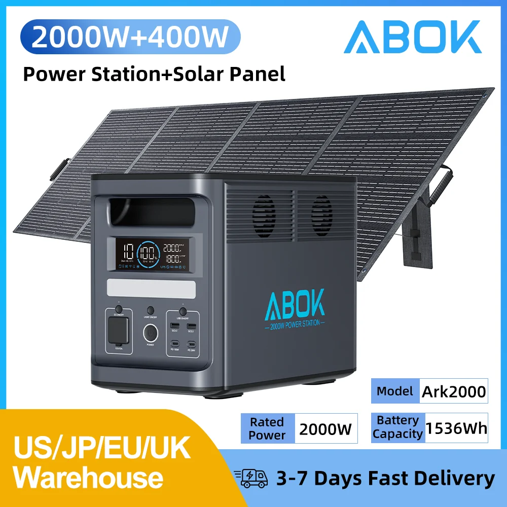 

ABOK Ark2000 Portable Power Station with 400W panel 2000W 1536Wh Solar Generator for Road Trip Off-grid Power Outage UPS Hiking