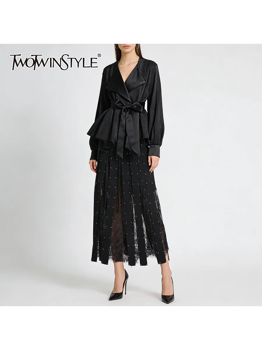 

TWOTWINSTYLE Solid Two Piece Sets for Women Lapel Lantern Sleeve Lace Up Top High Waist Lace Skirt Chic Set Female Fashion 2026
