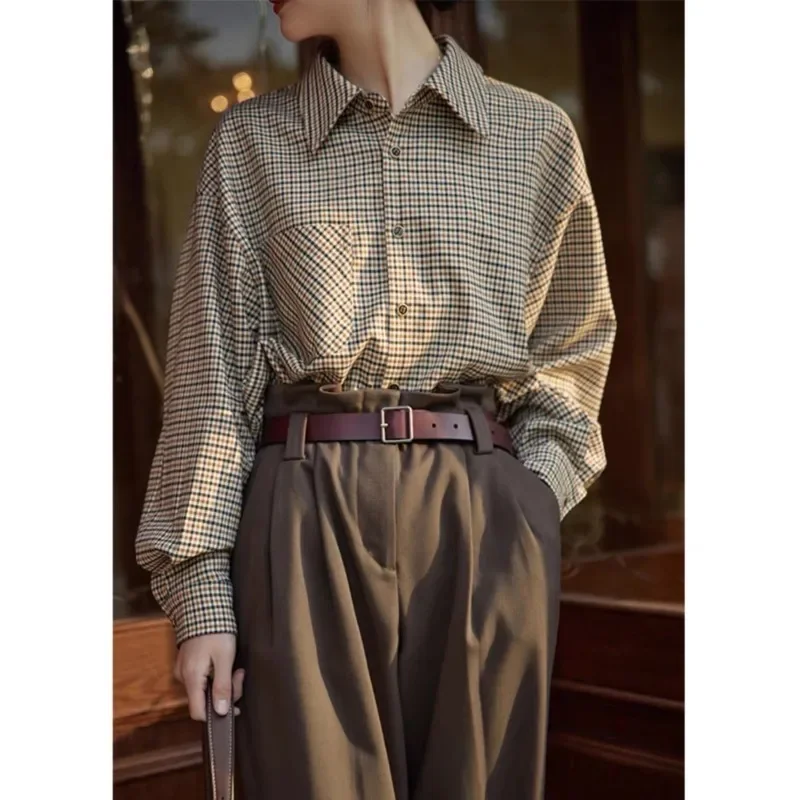 QWEEK Vintage Office Women's Plaid Shirt Old Monry Casual Long Sleeve Blouse Elegant Basic Korean Outerwear 2024 Autumn Clothes