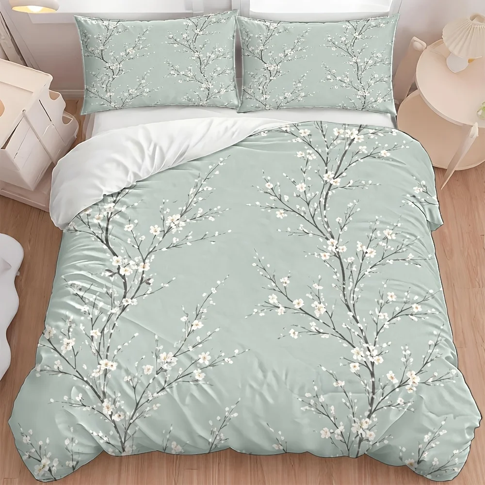 Customize 3Pcsss Chinese Elegant Cherry Blossom Branch Print Duvet Cover Set, 3Pcsss Bedding (1* Duvet Cover + 2* Pillowcases),
