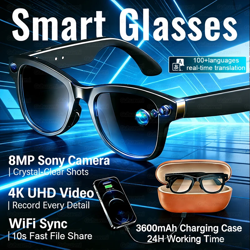 

Новые умные очки с камерой 8 МП UHD, ИИ, записью видео, аккумулятором 3600 мАч, переводом на 120+ языков, музыкальным плеером, для мужчин
