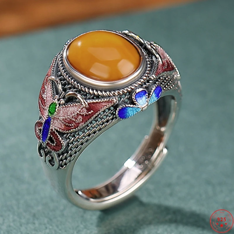 Genuine S925 Sterling Silver Rings for Women New Fashion Beeswax Amber Enamel Butterfly Weaven Pattern Ring Adjustable Size