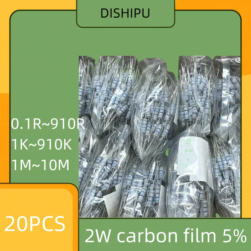 20 STUKS 2W koolstoffilm 5% kleurringweerstand 3R 10R 100R 1K 2K 4.7K 5.1K 10K 100K 1R-1M 10M