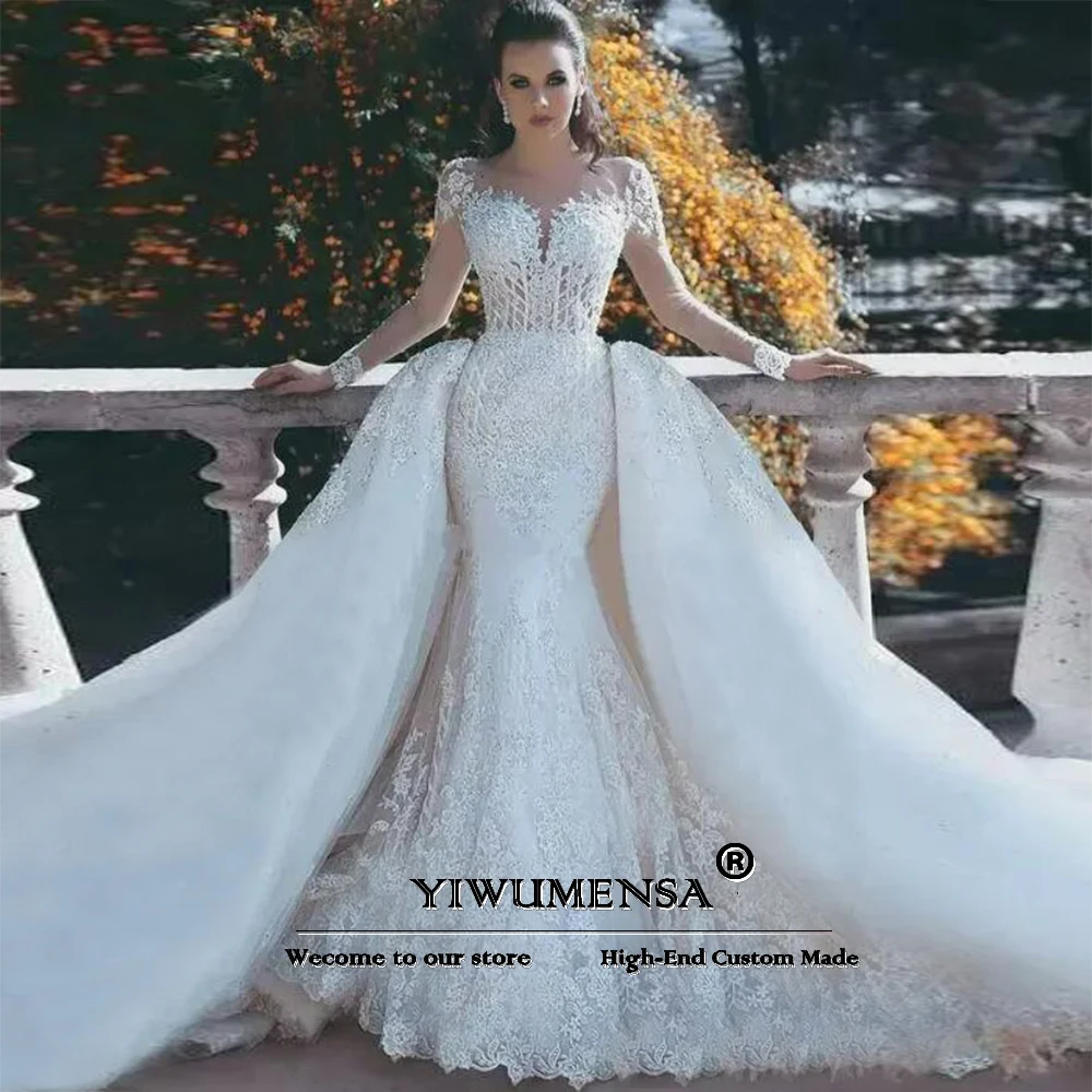 Aso Ebi African Mermaid Wedding Dresses Detachable Train 2 Pieces Long Sleeves Backless Bridal Gowns Customized vestido de novia