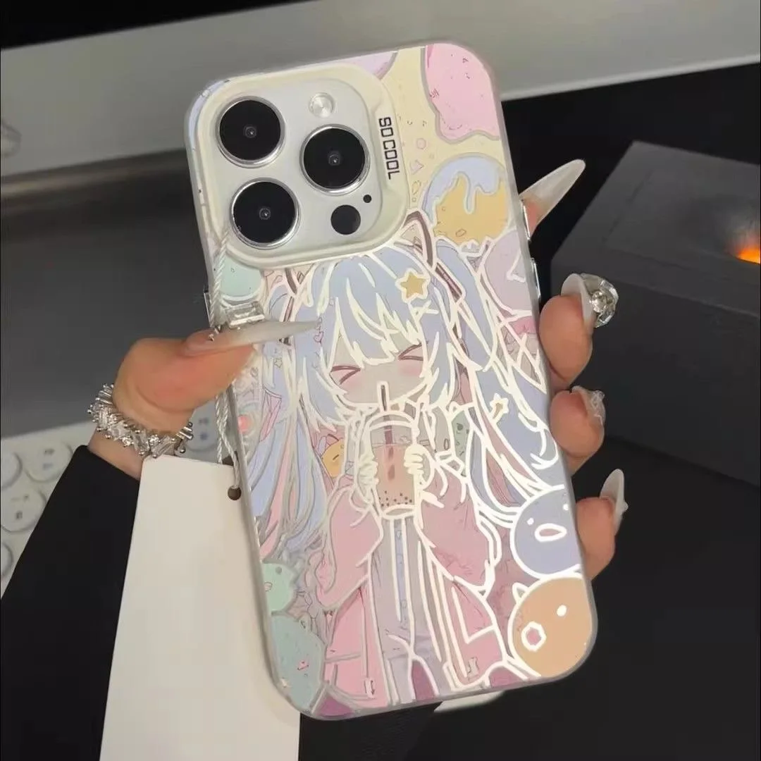 

Japanese Anime Miku girl matte silver Case protection for iPhone 16 15 13 12 11 14 Pro Max XS XR 7 8 16 Plus X SE Coque