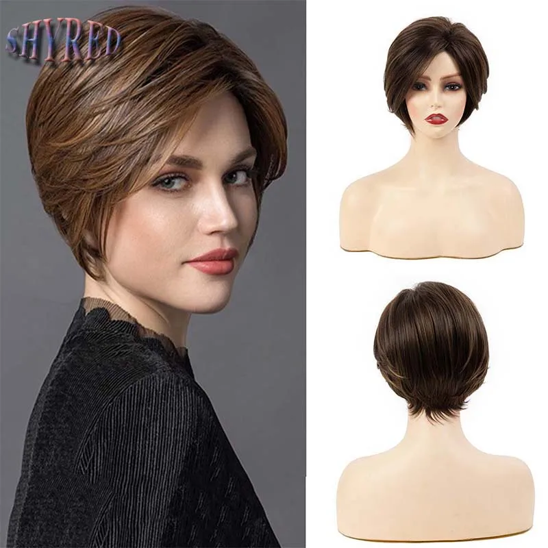 

Synthetic Wigs Short Brown Straight Fluffy Pixie Cut Wigs for Black Women Daily Wear Hair Wig Heat Resistant Fiber