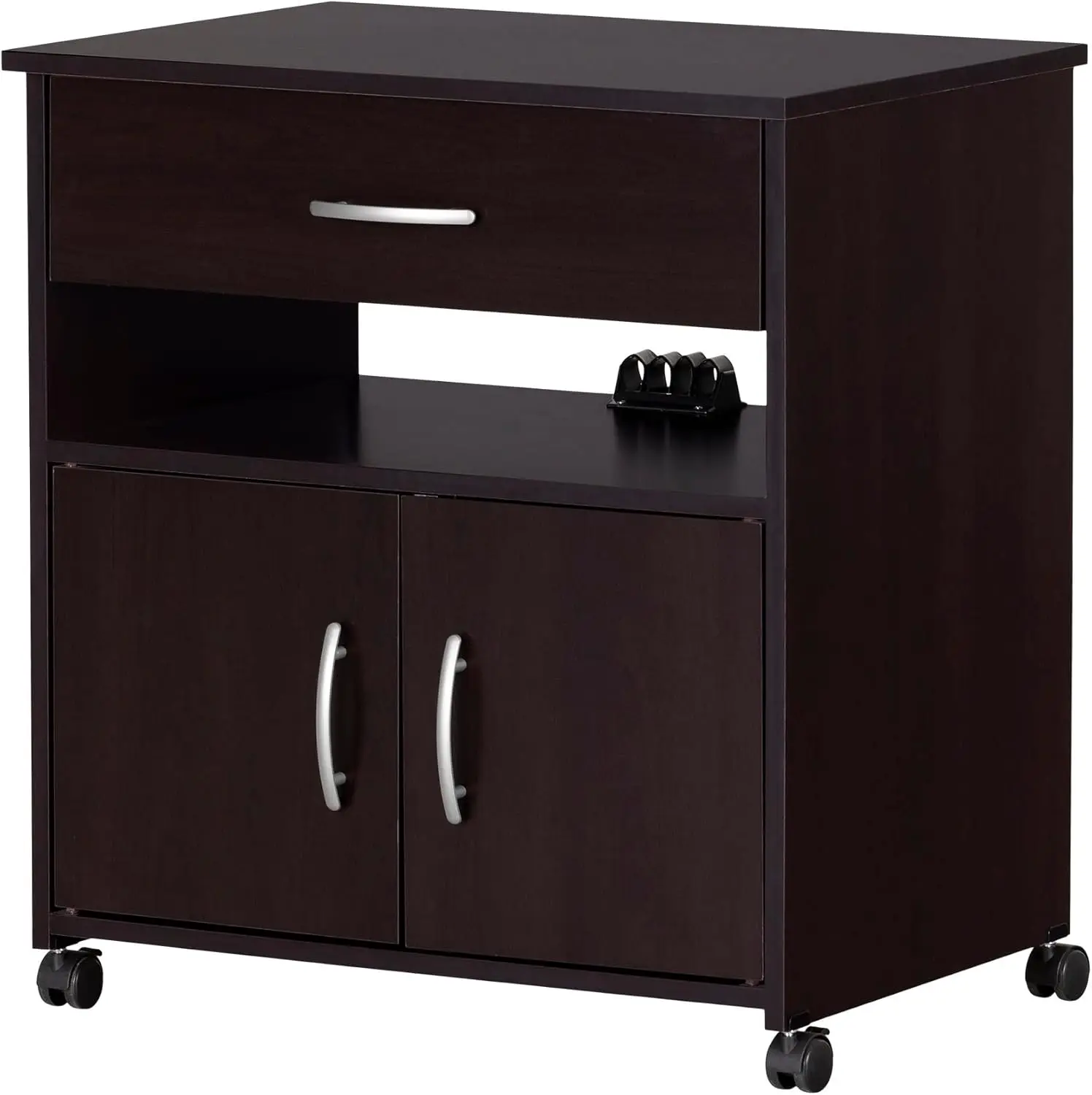 

Mobile Microwave Cart with Wheels, Chocolate Finish, Adjustable Shelf & Storage Drawer