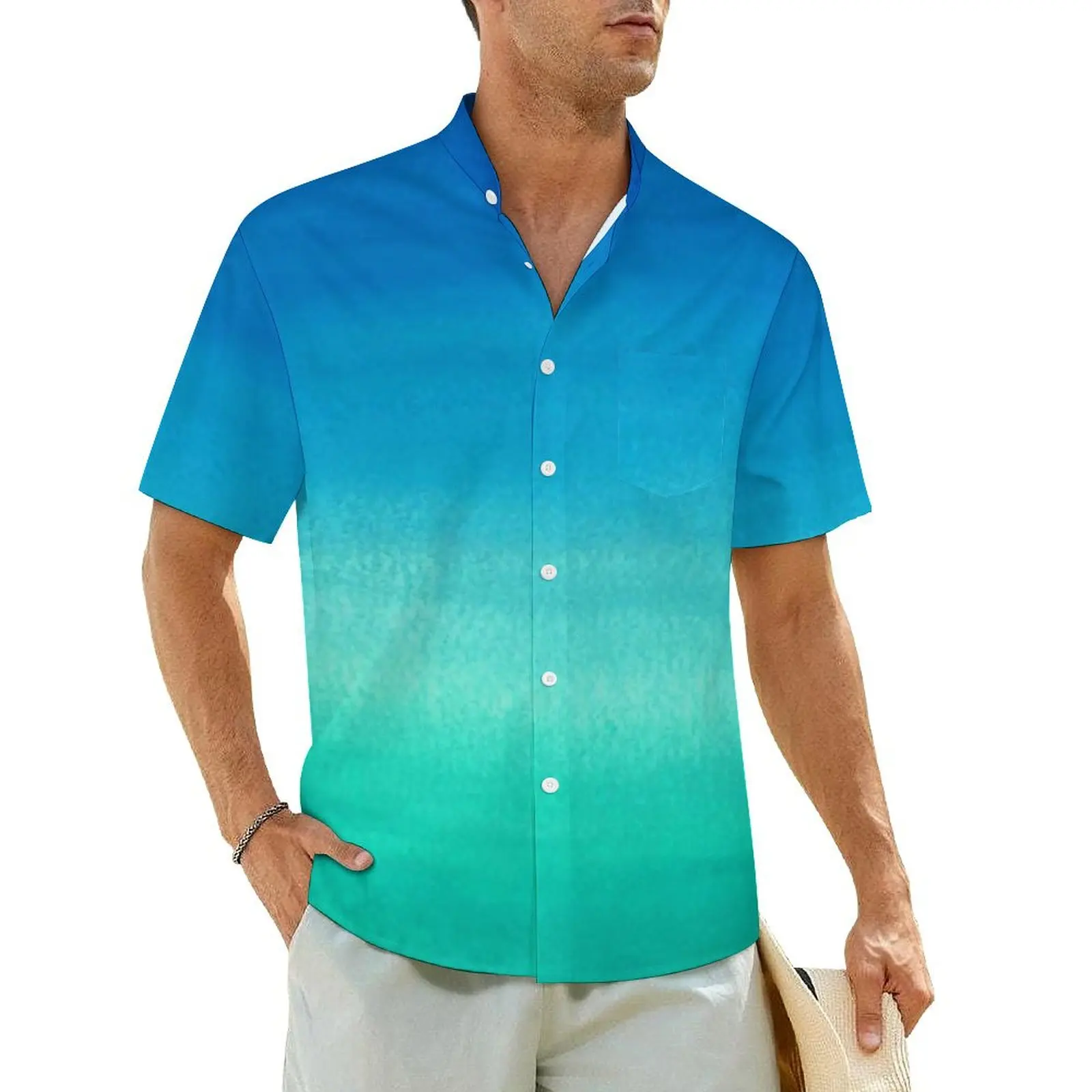 Blue Green Ombre Casual Shirt Neon Ocean Classic Hawaiian Shirts Male Short-Sleeve Vacation Fashion Design Oversized Blouses