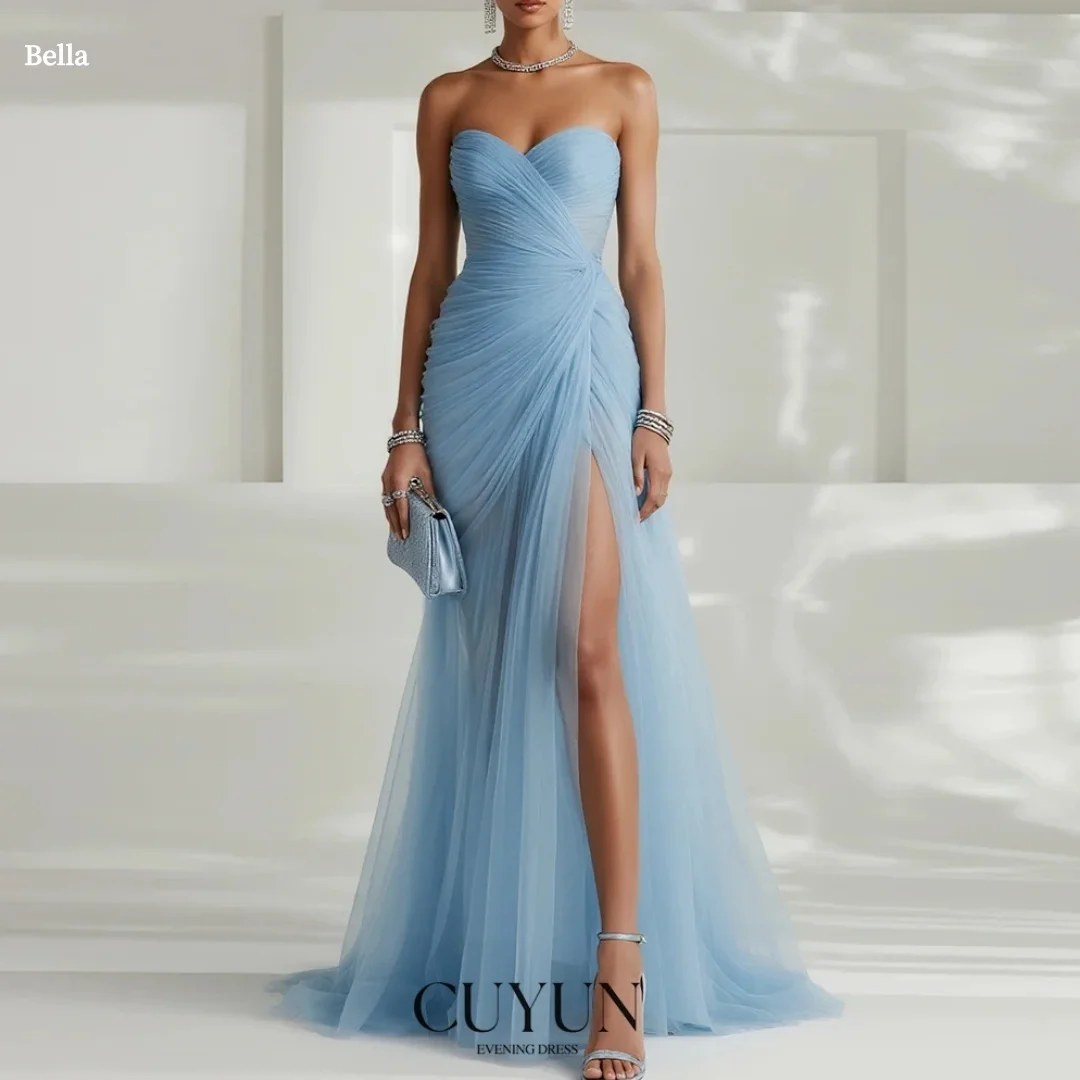 

Элегантное вечернее платье Bella с индивидуальным дизайном, небесно-голубое, с вырезом в форме сердца, плиссированным тюлем и высоким разрезом, для женщин