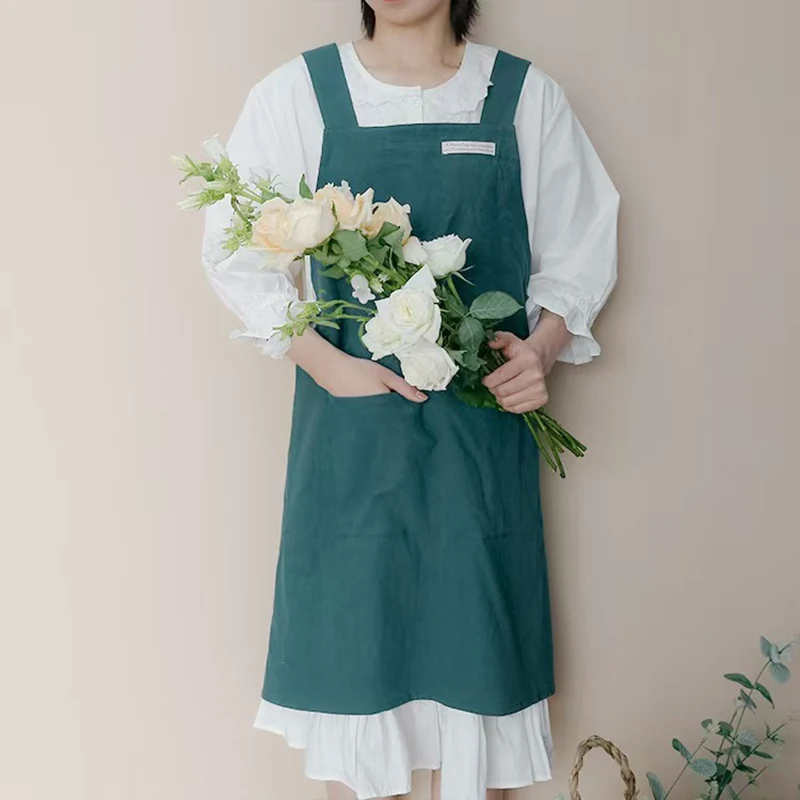 

Women Japanese and Korean simple apron denim apron cotton and linen solid color blouse kitchen Florist coffee shop apron