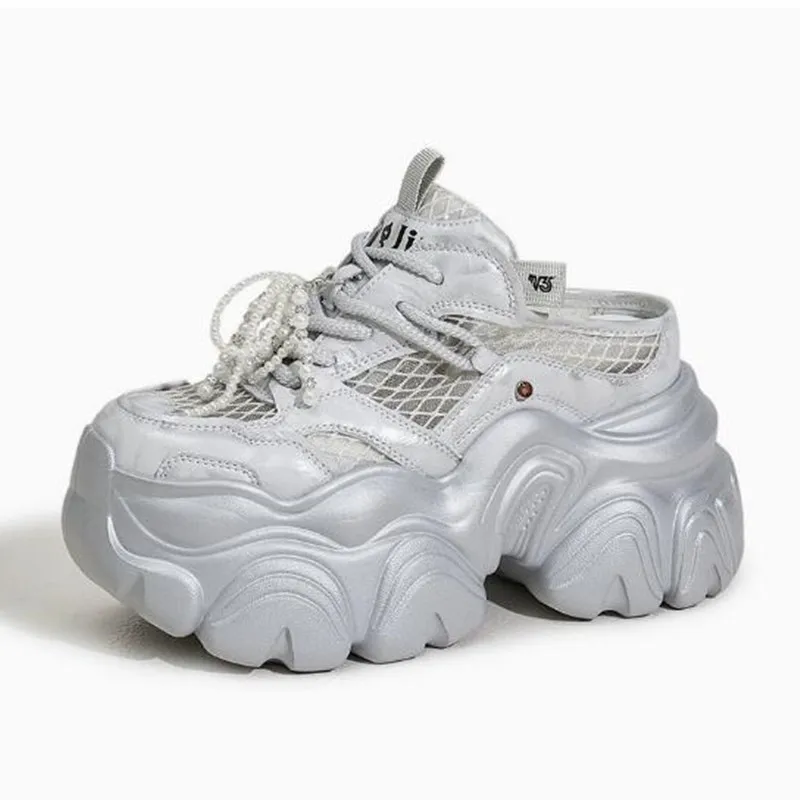 10CM Breathable Mesh Synthetic Slippers Bling Casual Vulcanize Hollow Shoes Woman Summer Chunky Sneakers Platform Wedge Sandals