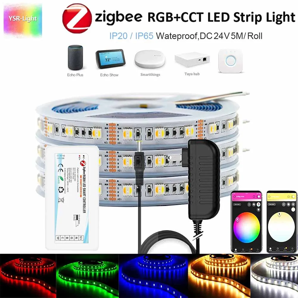 

5 м 10 м 15 м 20 м DC24V ZIGBEE 3,0 контроллер Smart 5050 5 в 1 RGBCCT RGB + W + CW Светодиодная лента для умных вещей Echo Plus Z2mqtt