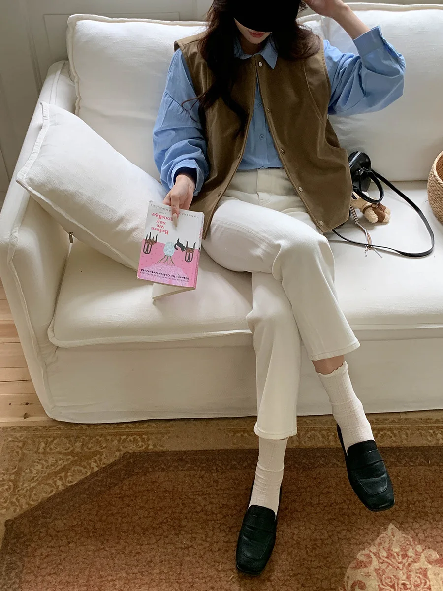 Pantalones vaqueros rectos ajustados de cintura alta para mujer pantalones blancos informales primavera otoño 2025 nueva llegada