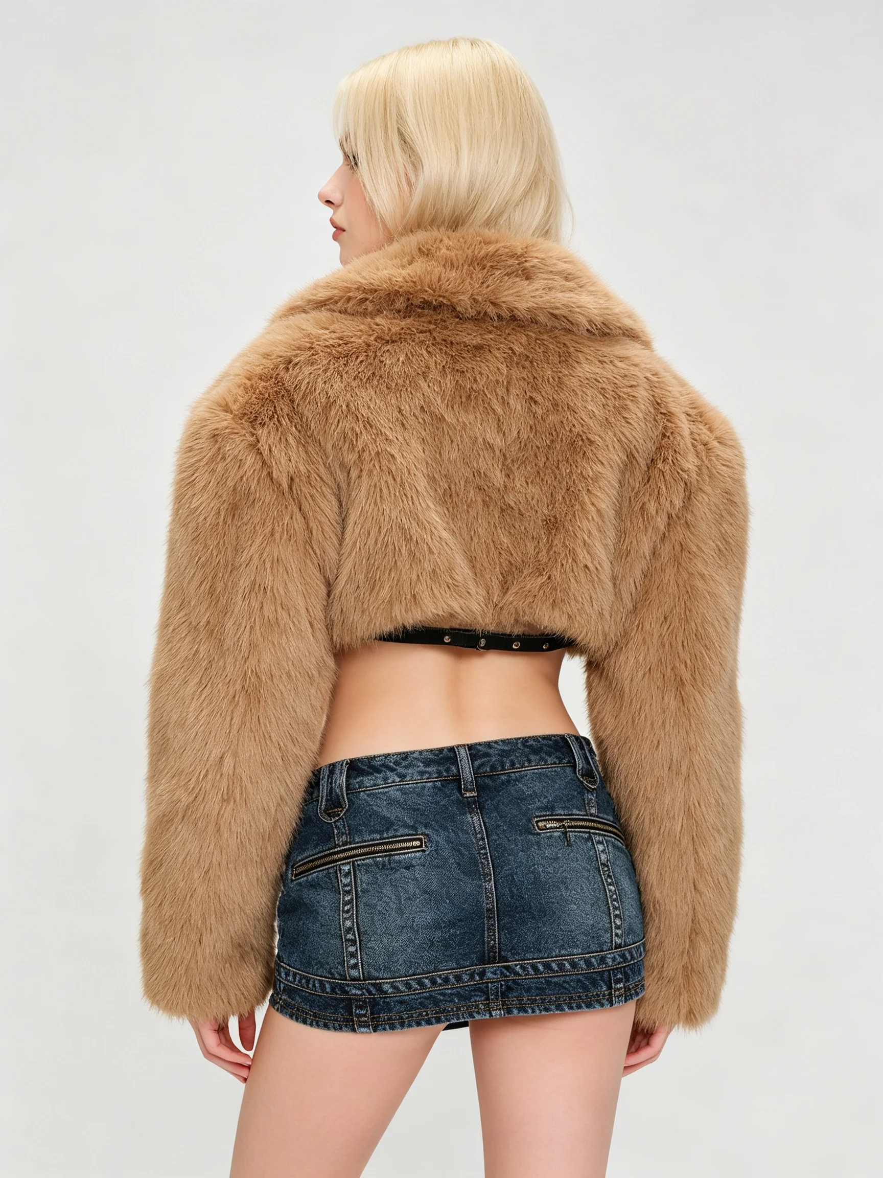LIMO Women Y2K Cropped Faux Fur Jacket Lapel Long Sleeve Buckle Short Plush Coat