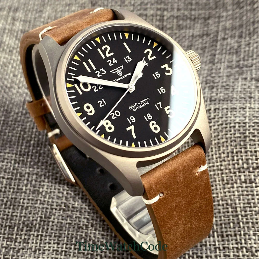 Imagem -04 - Tandorio Relógio Automático para Homem 39 mm Case Titânio 200m Resistente à Água Nh35a Pt5000 Coroa de Aço Safira Pulseira de Couro