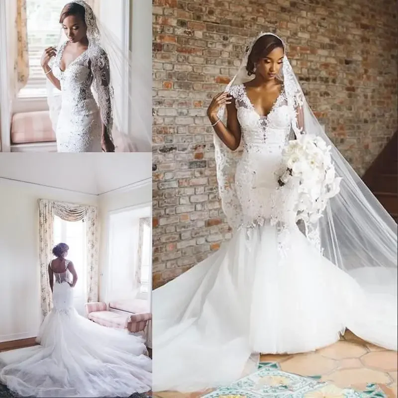 Vestidos de novia de sirena africana personalizados, tren de barrido, vestido de novia trompeta de tul, vestidos de novia con mangas casquillo sin espalda