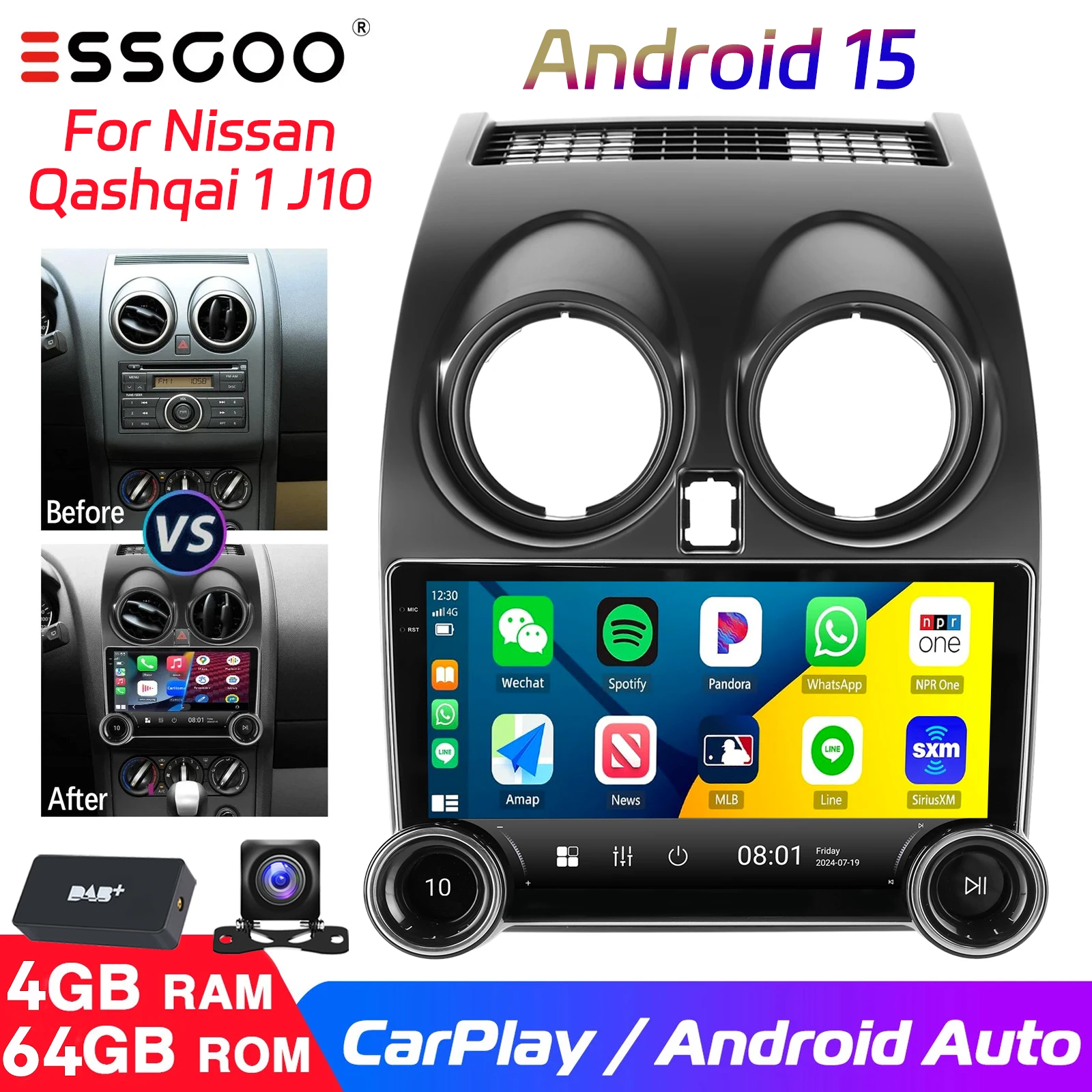 ESSGOO DAB + (optional) Android15 Autoradio Für Nissan Qashqai J10 07-13 Drahtlose Carplay Android Auto GPS Doppel Knopf Kopf Einheit
