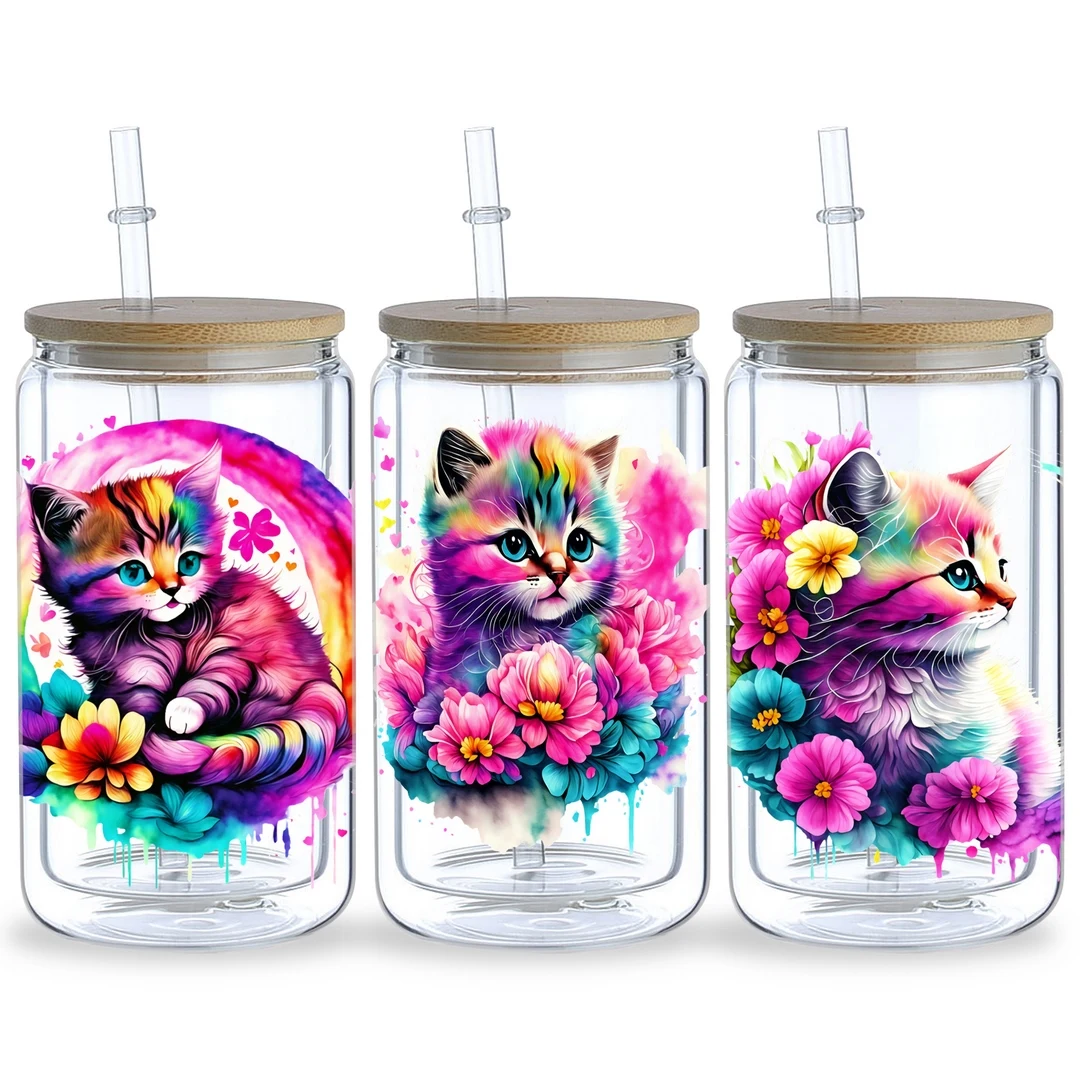 14pcs Cute Flower Cat UV DTF Transfer Stickers, Waterproof Stickers, Stickers, Suitable for DIY,Crafts For 16 oz glass