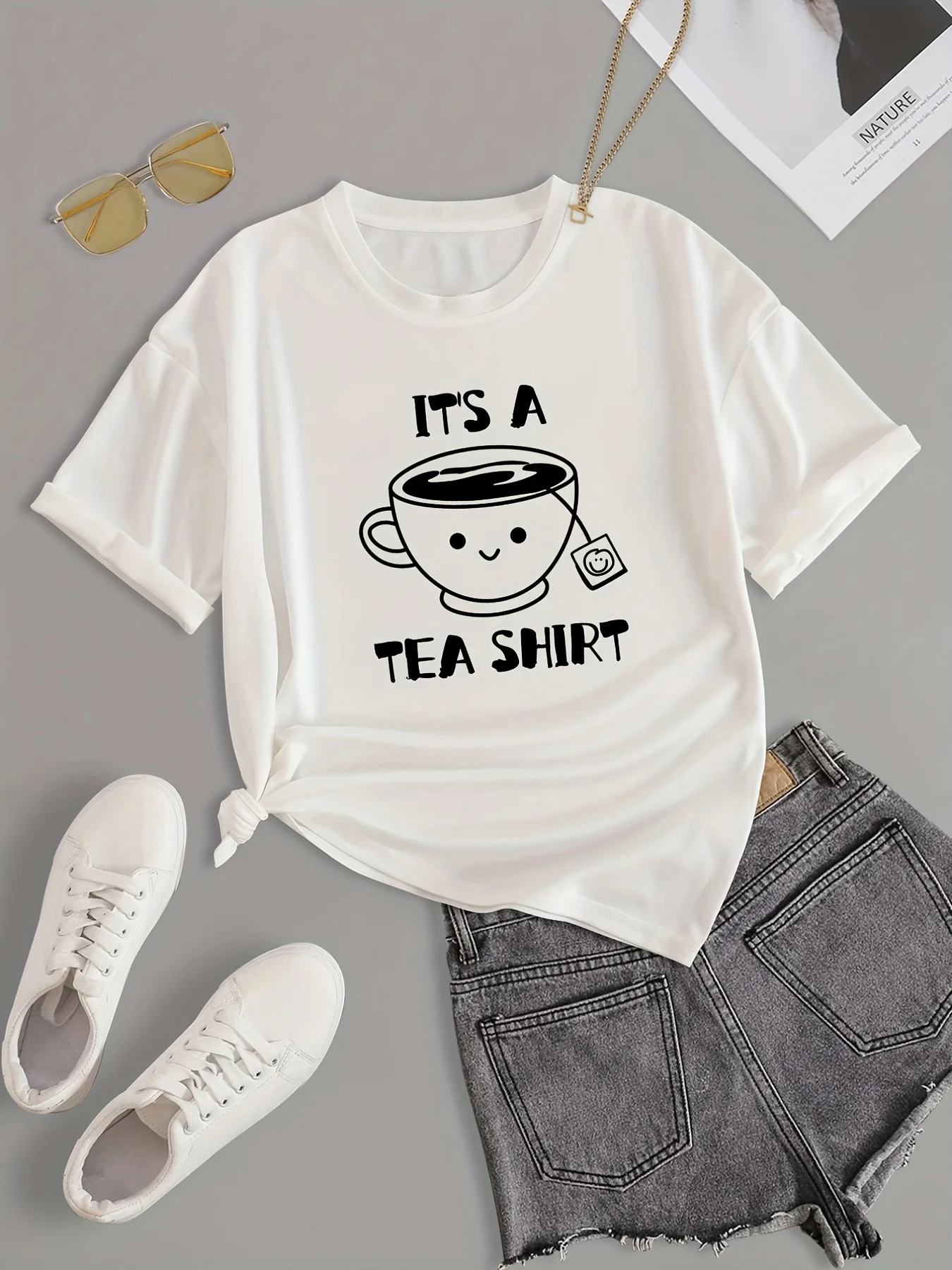 

Casual Tee Women's Cartoon Tea & Letter Print Women's Harajuku Sleeve Casual Women's T-shirt Clothing Street Aesthetic Clothes
