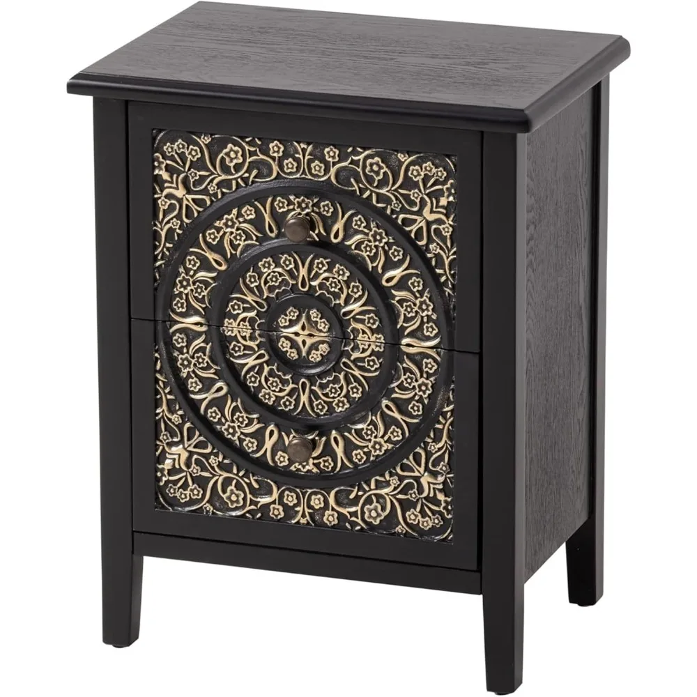 

2-Drawer Fully-Assembled Flower Motif Nightstand for Small Spaces, French Country, Modern, Distressed Finish,Gold & Black