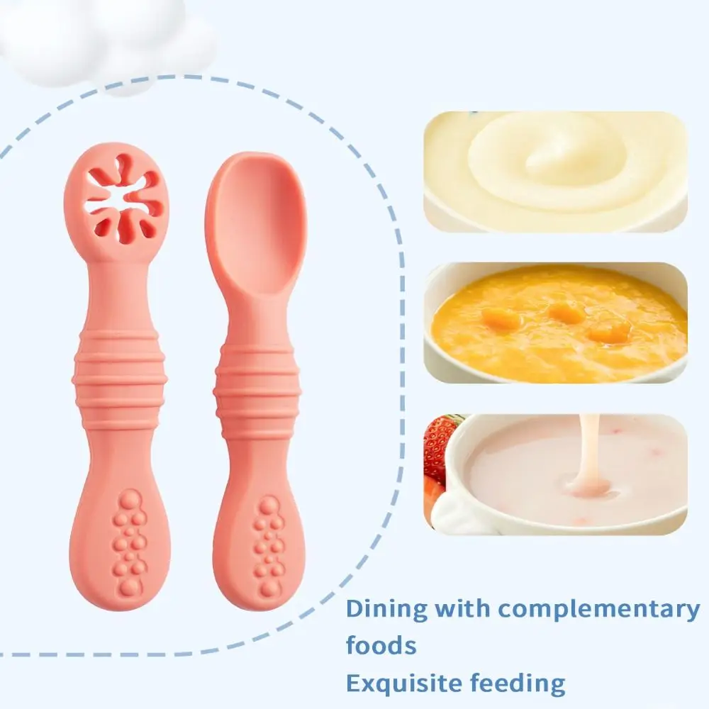 2PCS Soft Silicone Baby Learning Spoons Kitchen Cute Eating Helper Infant Feeding Spoon Feeding Tableware Training Spoons