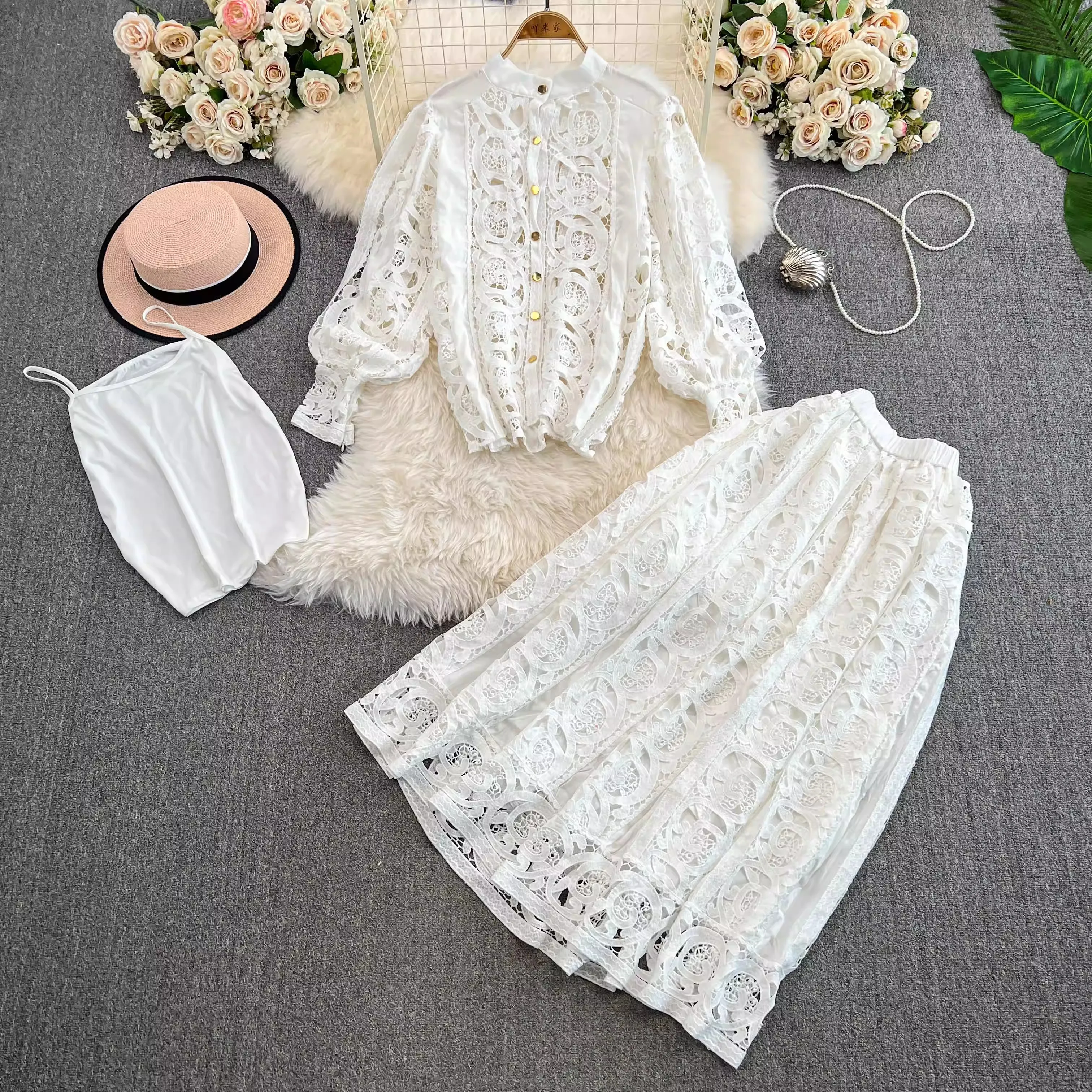 High Quality Women Lace Embroidery 2 Piece Set Autumn Spring Hollow Out Shrits Top+Elastic Waist Party Skirts Sets