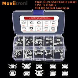 50/60Pcs 5 Pin SMT Socket Connector Micro USB Type B Female Placement 12 Models SMD DIP Socket Connector for PCB DIY Charging