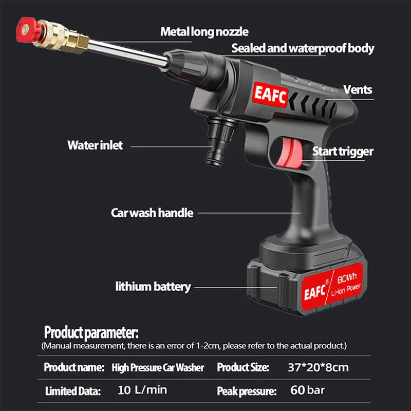 60BAR Cordless High Pressure Washer 22000RPM Rechargeable Car Wash Gun Electric Water Gun Foam Machine for Makita 21V Battery