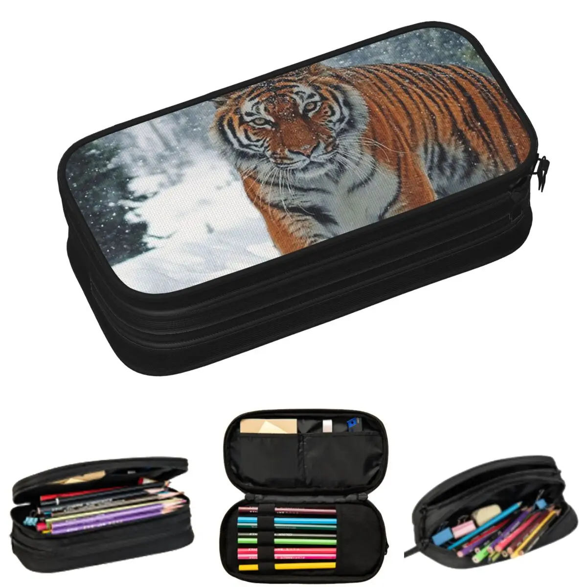 

Cute Tiger Face Roaring Tiger In The Snow Pencil Cases for Student Gifts Pen Box Pencil Bag Large Storage Pencil Pouch