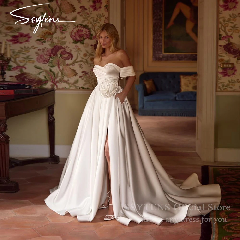 

SSYTENS Elegant Satin Wedding Dresses for Women Bride Off the Shoulder 3D Flowers Slit Robe De Mariée Personalized Customized