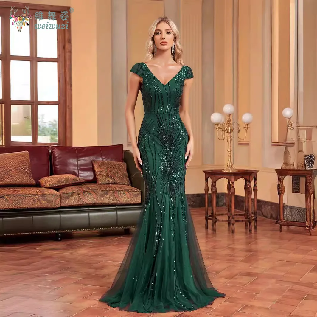 

Luxury Sleeveless V-neck Sequins Backless Formal Evening Dresses Tight-fitting Fishtail Skirt Floor-length Cocktail Gowns