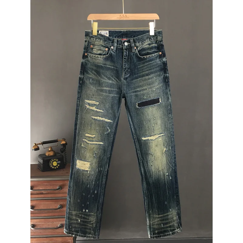 

Джинсы с нашивками с рваными дырками, мужские тяжелые джинсы в стиле ретро, свободные прямые трубки, 2022, новые уличные трендовые длинные брюки высокого класса