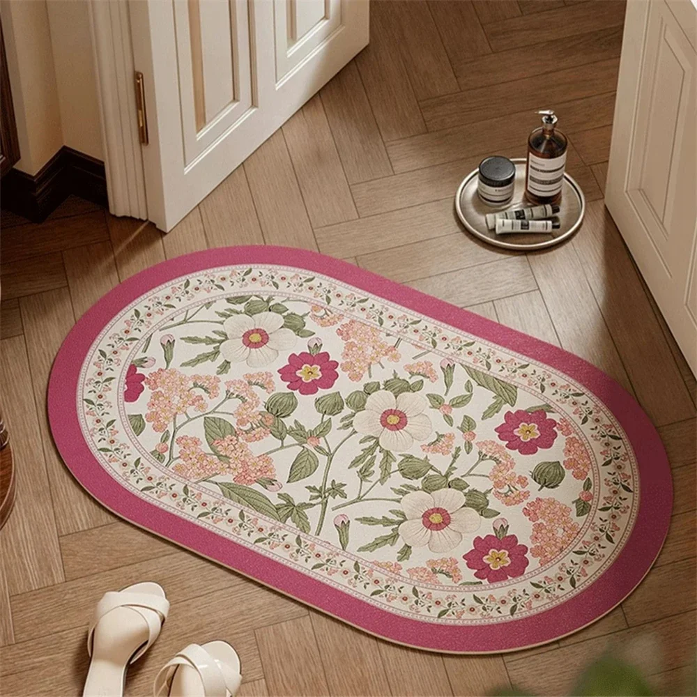 Home Bathroom Absorbent Floor Mat Toilet Special Non-slip American Quick-Drying Leather Pink Plant Printed Floor Mat Romantic