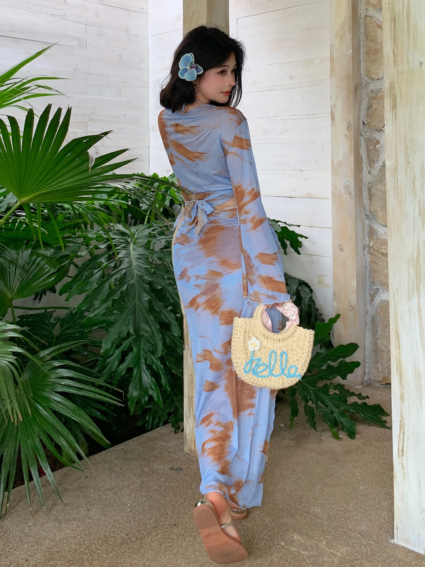 プラスサイズ-ビキニ水着-レディース-4点セット-ロングスカート-長袖カバーアップ-日焼け止め-ビーチウェア-着痩せ効果