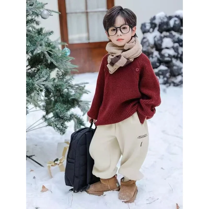 Boys' Sweater 2025 New Children's Autumn and Winter Handsome Hooded Knitted Sweater Boys and Girls' Winter Red Christmas Sweater
