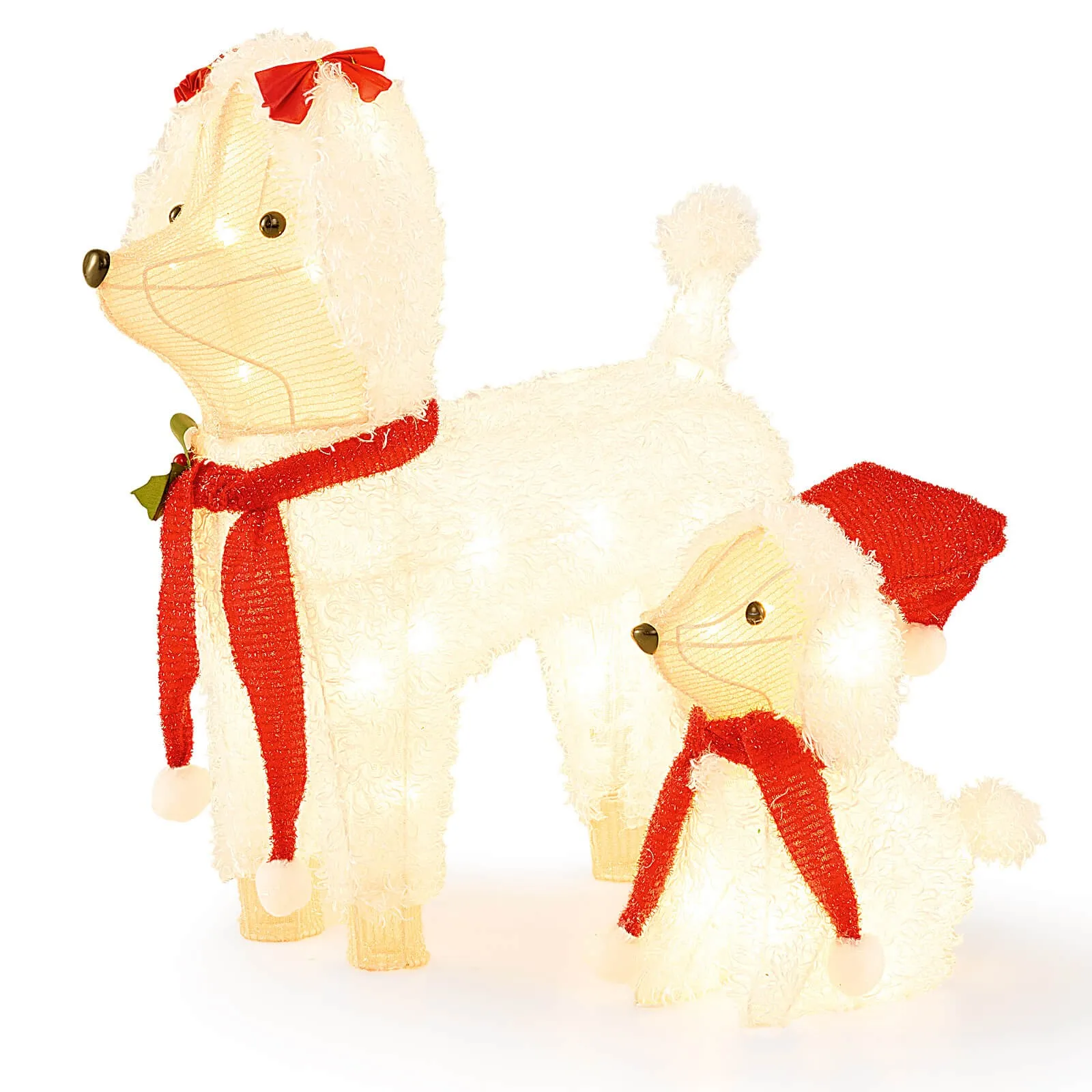 

Pre-lit Mama & Baby Poodle Dogs /60 Warm White LED Lights Red Hat & Scarf