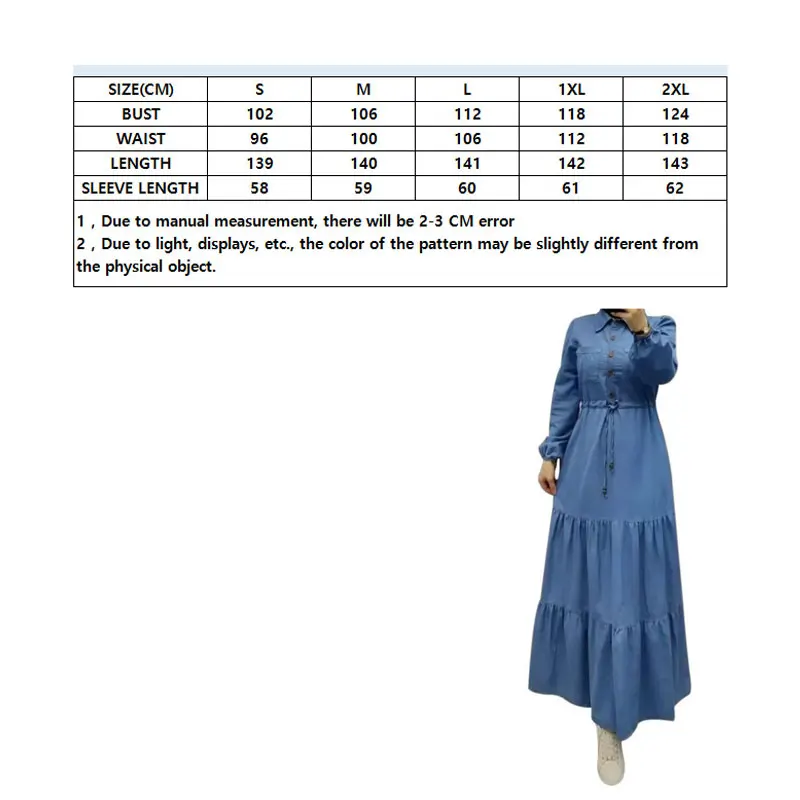 Women\'s Blue Denim Dress Elegant Muslim Slim Abayas Femme Caftan Islamic Fashion Long Dresses Robe Longue Elegant Lady Tunics