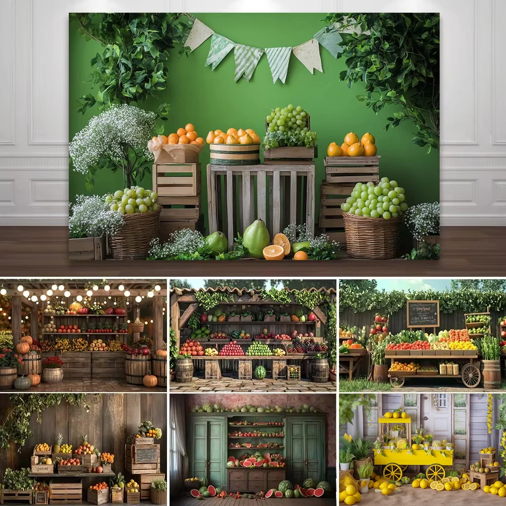 

Summer Fruit Shop Backgrounds For Photographs Balloon Watermelon Lemon Green Plant Baby Birthday Party Backdrop Decor Photozone