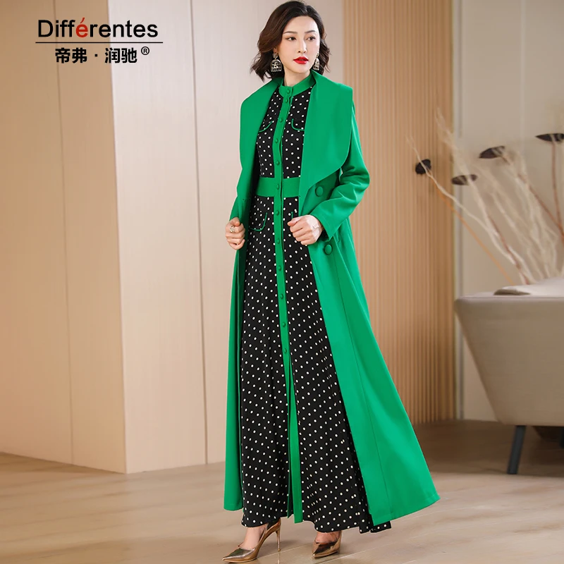 

2023 New Trench Coat Women Autumn Coat Green X-Long Jacket Double Breasted Turn-down Collar Outwear Office Lady Skirt Hem