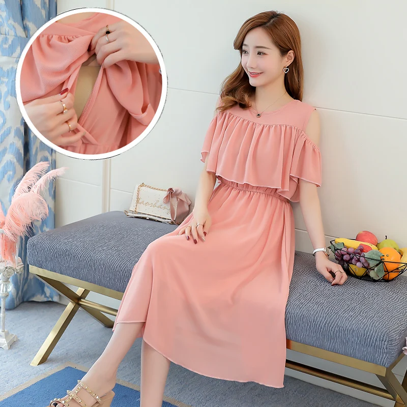 

Maternity lactation shirts 2025 summer ruffles collar fashion chiffon breastfeeding clothes postpartum hot selling nursing dress