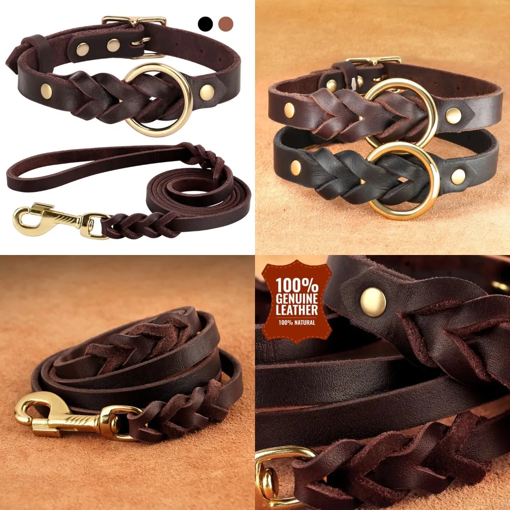 

Braided Genuine Leather Dog Collar Leash Set for Medium and Large Dogs - Durable German Shepherd Pet Accessories