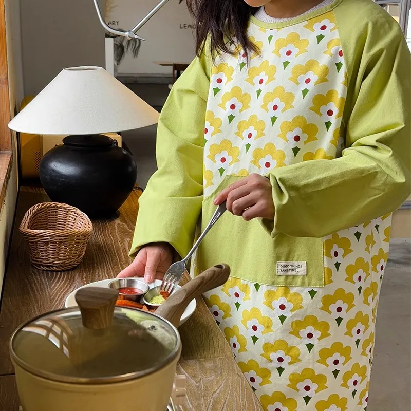 

Print Housework Waterproof Long-sleeve Apron Smock Anti-dirty Women Kitchen Cotton Pinafore for Cooking Baking Working Cleaning