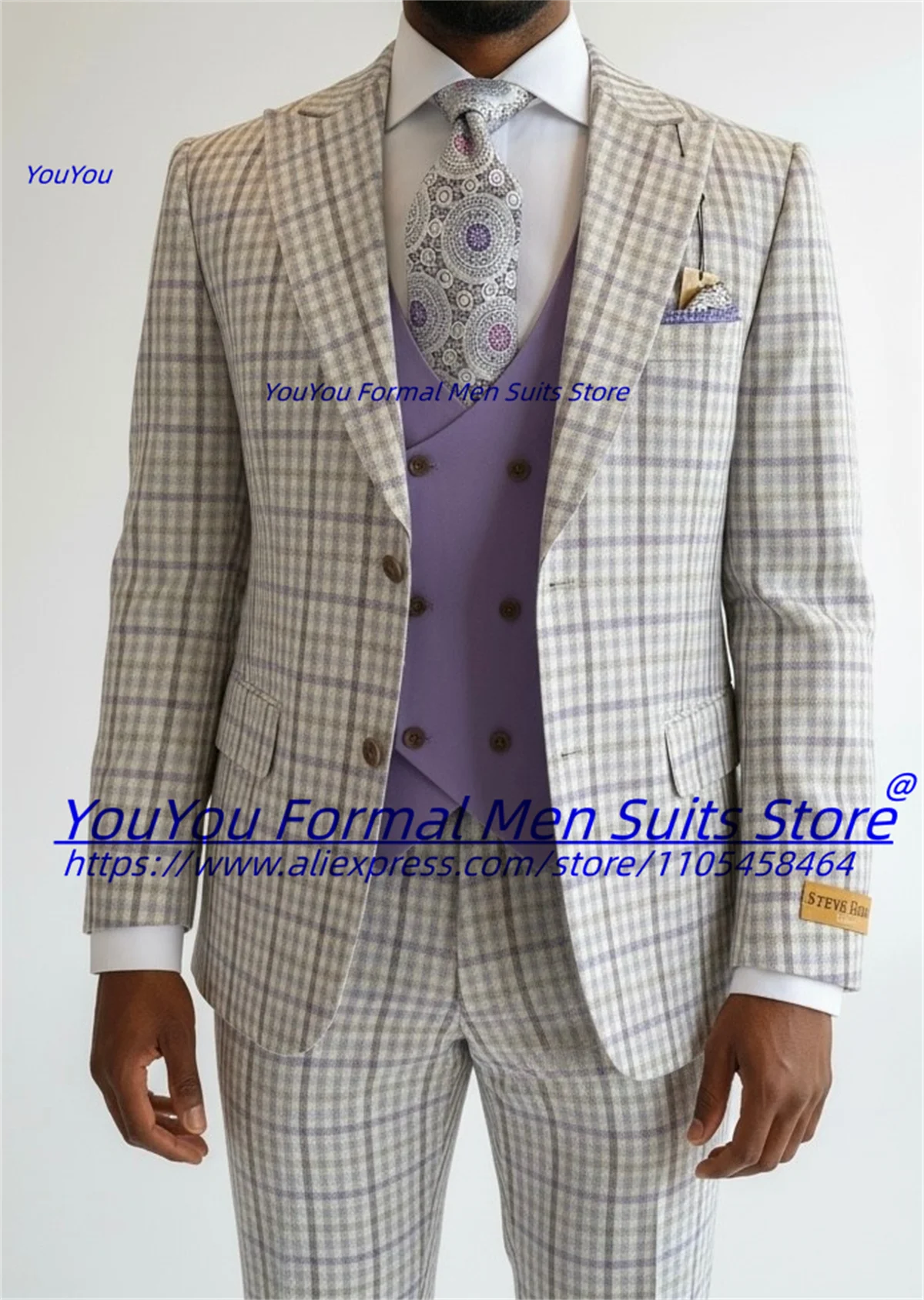 

Business Plaid Men Suits Customized Slim Fit Peak lapel Groom Wedding Tuxedos 3 Pieces Sets Male Business Blazers Ropa Hombre