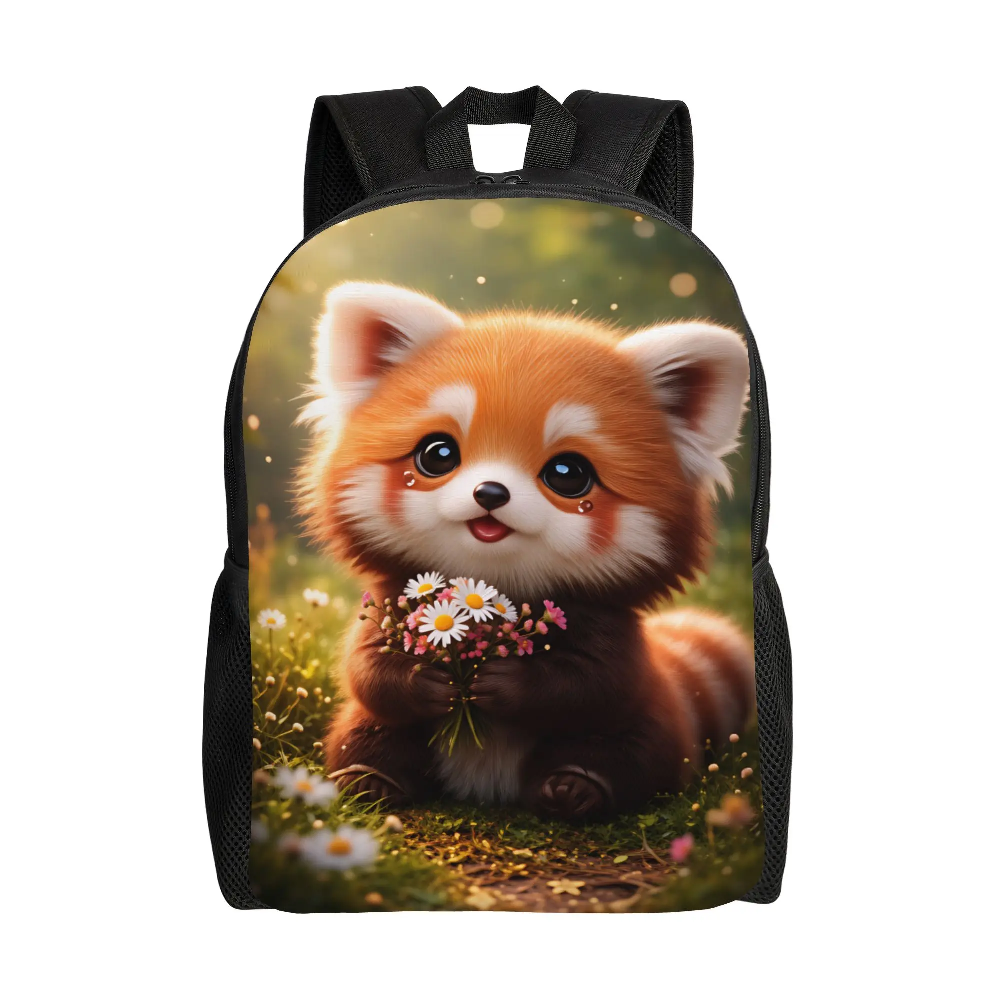 Kawaii Red Panda Holding Flower Bouquet Animal Backpack  Teen Polyester Travel Backpacks Soft Kawaii School Bags Rucksack
