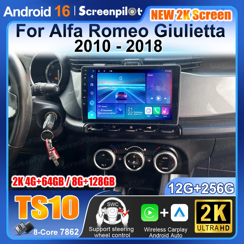 Radio para Auto Alfa Romeo Giulietta 2010 - 2018 Android 16 Reproductor Multimedia de Video Navegación Estéreo GPS 5G Pantalla Táctil QLED Bluetooth