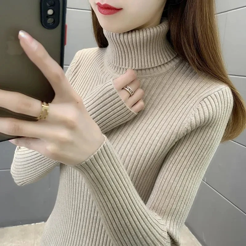 

Knitted Sweater Women Korean Version Turtleneck Sweater Winter Solid Color Pullover Slimming Interior Lapping Warm Basic Tops