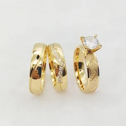 New 3pcs Lovers Married Couples Wedding Engagement Rings Bridal Sets For Men and Women 24k gold plated Stainless Steel Jewelry