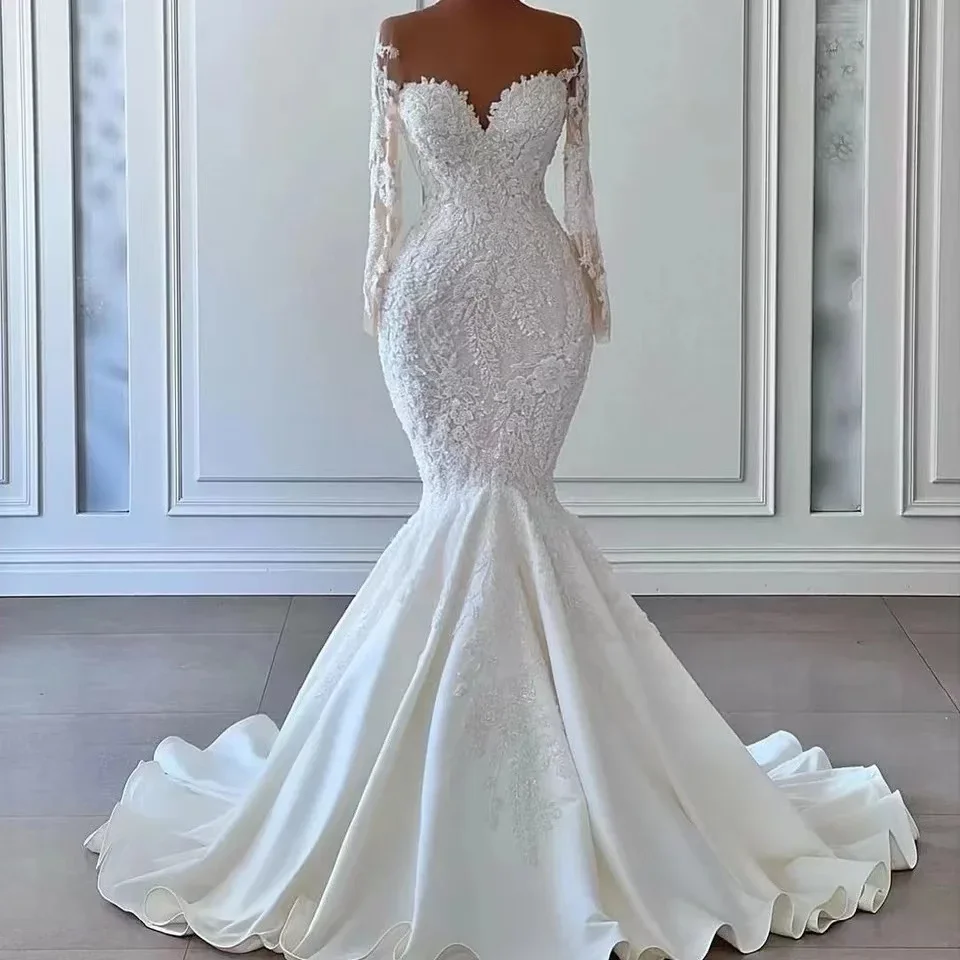 Customized  Elegant Mermaid Wedding Dresses Sheer Neck Long Sleeve Lace Sequins Appliques Bridal Gowns Vestido De Noiva